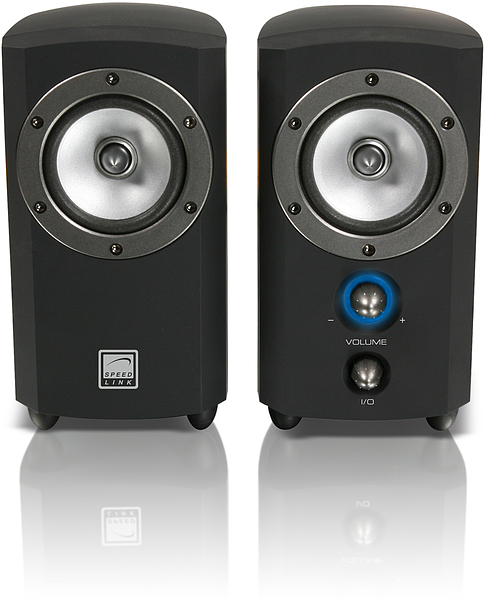 Zwei schwarze Speedlink Lautsprecher mit Lautstärkeregler und Ein/Aus-Schalter, geeignet für PC oder Musiksysteme