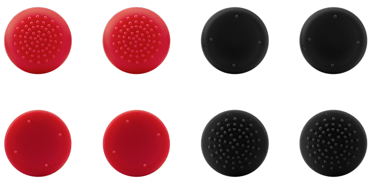 Acht runde Joystick-Aufsätze für Gaming-Controller in Rot und Schwarz mit verschiedenen Oberflächenmustern, nebeneinander angeordnet