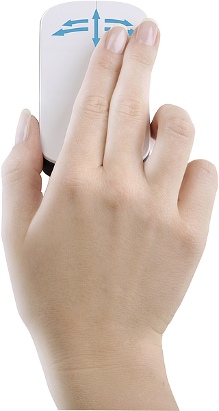 Eine Hand hält und steuert eine kabellose Computermaus, auf der blaue Pfeile zur Gestensteuerung abgebildet sind.