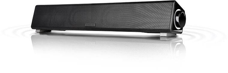 Schwarze Soundbar mit Lautstärkeregler, steht auf Füßen und reflektiert auf glänzender Oberfläche