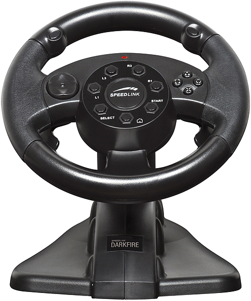 Speedlink DARKFIRE Gaming-Lenkrad in Schwarz, geeignet für Rennspiele auf PC und Konsole, mit mehreren Steuerungstasten