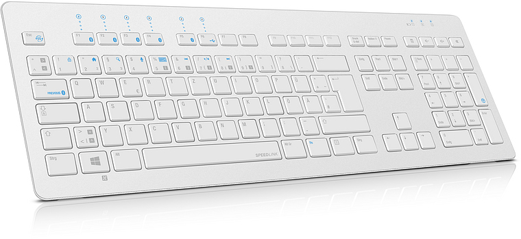 Elegante, weiße Speedlink SLIM LINE Tastatur mit flachem, kabellosem Design und deutschem QWERTZ-Layout für effizientes Arbeiten am PC