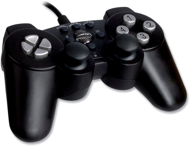 Schwarzer Gamecontroller Speedlink mit Kabel und mehreren Tasten, geeignet für PC oder Konsole