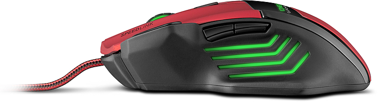 Seitliche Ansicht einer SPEEDLINK Gaming-Maus in Schwarz-Rot mit beleuchteten grünen Akzenten und extra Tasten