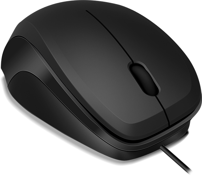 Abbildung einer schwarzen kabelgebundenen Computermaus mit ergonomischer Form