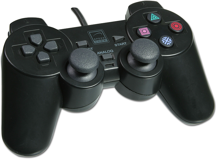 Schwarzer kabelgebundener Gamecontroller im Stil eines PlayStation-Controllers mit zwei Analog-Sticks, Richtungstasten und farbigen Aktionstasten
