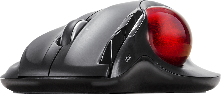 Seitliche Ansicht einer ergonomischen schwarzen Trackball-Maus mit roter Kugel und mehreren Tasten