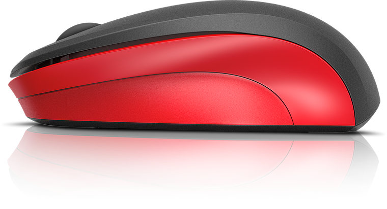 Seitliche Ansicht einer roten und schwarzen kabellosen Computermaus mit ergonomischem Design