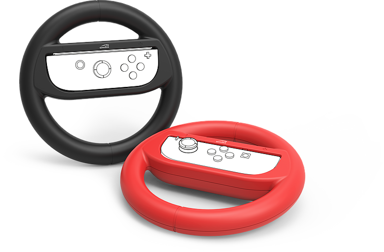Zwei Lenkrad-Controller für Nintendo Switch, einer schwarz und einer rot, auf weißem Hintergrund