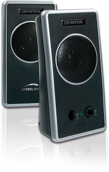 Zwei schwarze Speedlink Definition PC-Lautsprecher mit silbernem Rahmen, Frontgitter und Drehreglern
