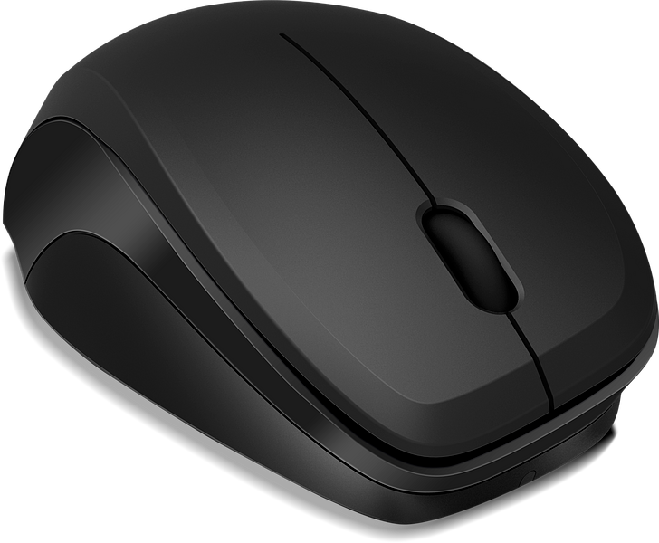 Schwarze, kabellose Computermaus mit ergonomischem Design und zwei Tasten, seitlich fotografiert