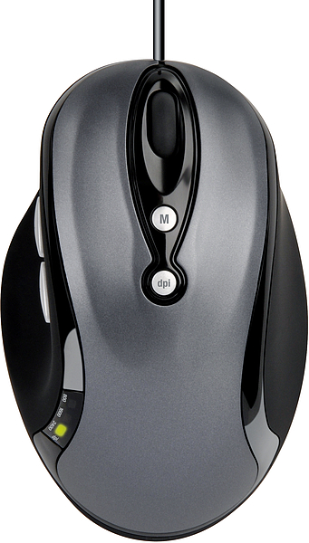 Schwarz-graue kabelgebundene Computermaus mit zusätzlichen Tasten und ergonomischem Design