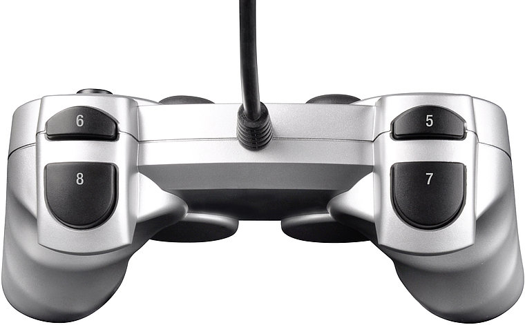 Silberner kabelgebundener Gamecontroller, Rückansicht mit vier nummerierten Tasten