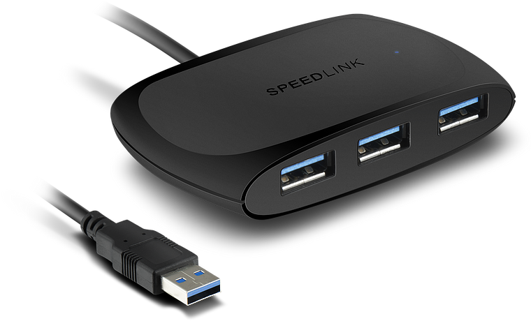 Schwarzer SPEEDLINK USB 3.0 Hub mit drei USB-Anschlüssen und Kabel, geeignet zur Erweiterung von USB-Ports am Computer