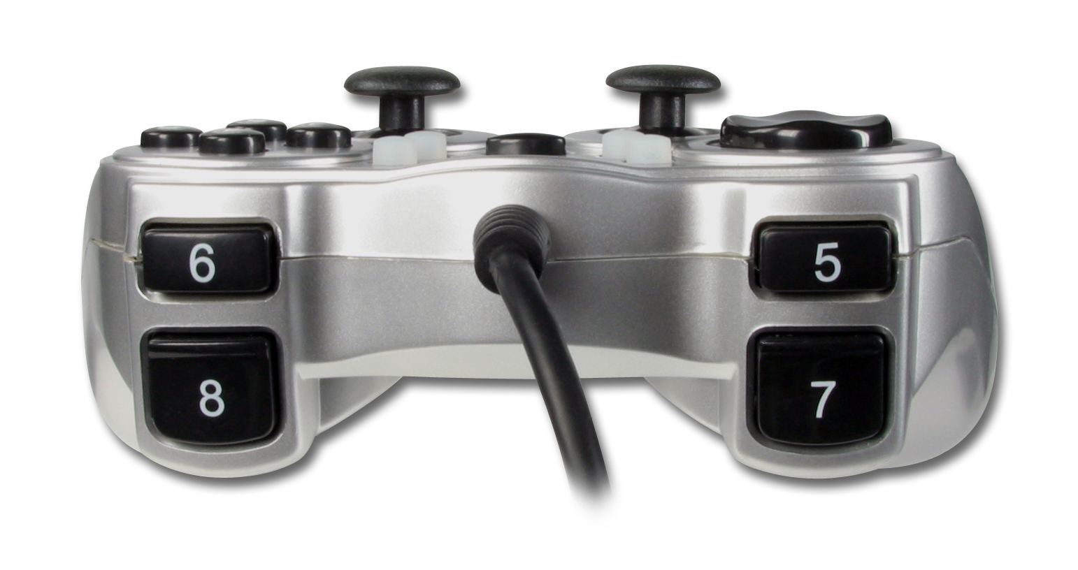 Vorderansicht eines silbernen Gamecontrollers mit Kabel und den Tasten 5, 6, 7 und 8