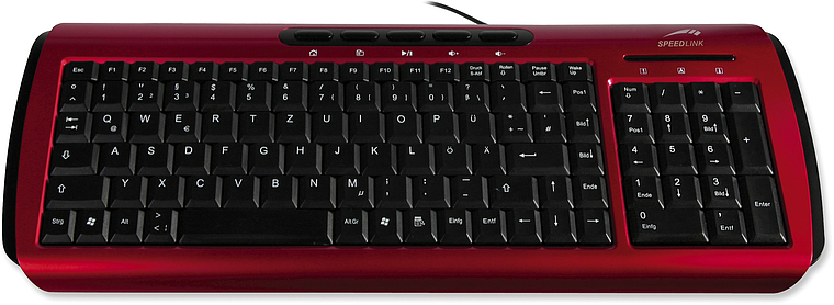 Rote Speedlink Tastatur mit schwarzem Tastenfeld, Ziffernblock und Multimedia-Tasten