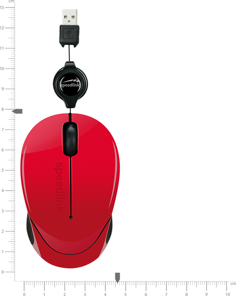 Rote kabelgebundene Speedlink-Maus mit USB-Anschluss und ausziehbarem Kabel, abgebildet auf Maßskala