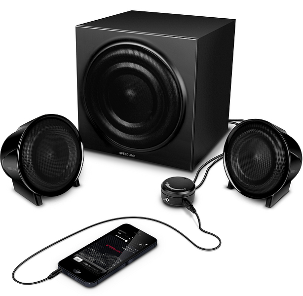 Schwarzes 2.1 Lautsprechersystem von SPEEDLINK mit Subwoofer, zwei Satellitenlautsprechern und per Kabel verbundenem Smartphone