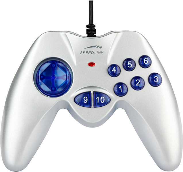 Silbernes Speedlink Gamepad mit blauen Tasten, Steuerkreuz und Kabel für PC-Spiele