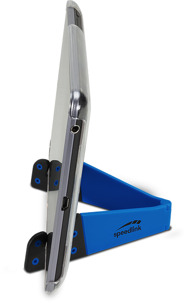 Seitliche Ansicht eines Smartphones in einem blauen, klappbaren Speedlink-Ständer für Mobilgeräte