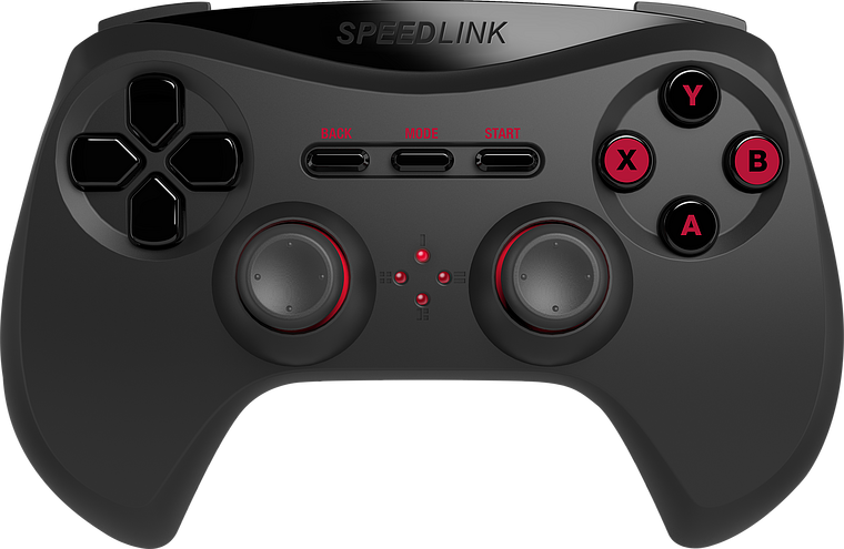 Schwarzer Speedlink Gamecontroller mit roten Details, Steuerkreuz, zwei Analog-Sticks und Aktionstasten