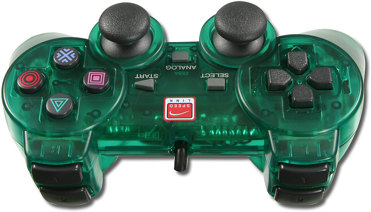 Grüner, transparenter Playstation-Controller mit zwei Analog-Sticks, Steuerkreuz und Tasten