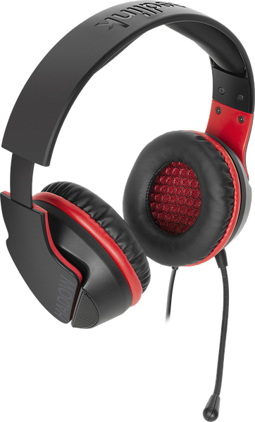 Schwarzes und rotes Gaming Headset mit Ohrpolstern und integriertem Mikrofon, geeignet für Computerspiele