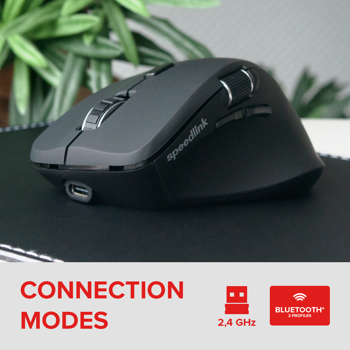 Ergonomische Speedlink Maus auf Schreibtisch, unterstützt 2,4 GHz Funk sowie Bluetooth für vielseitige Verbindungsmöglichkeiten