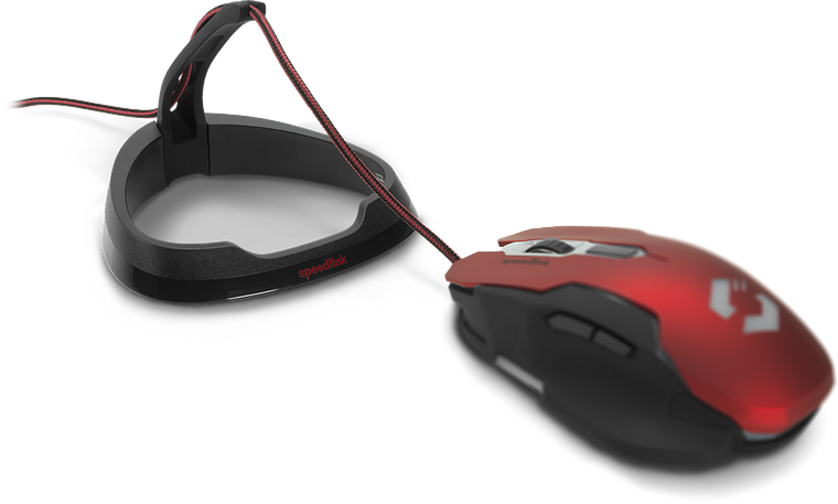 Rote Gaming-Maus mit Kabel und Kabelhalterung von Speedlink, ideal für präzises Spielen am PC