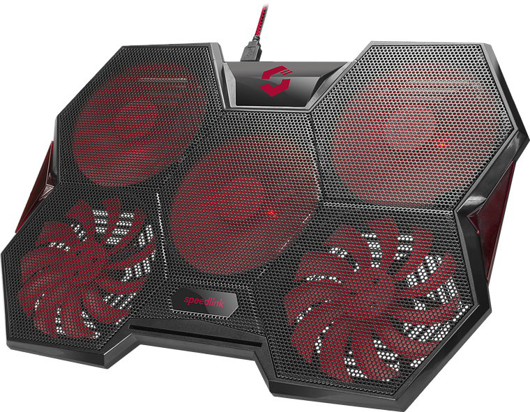 Schwarzer Speedlink Notebook-Kühler mit vier roten Lüftern und Metallgitter, geeignet zur Kühlung von Laptops