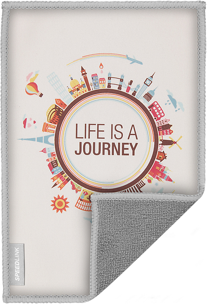 Reinigungstuch mit grauem Rand, Motiv 'Life is a Journey' und bunten Wahrzeichen wie Eiffelturm, Big Ben und Flugzeugen