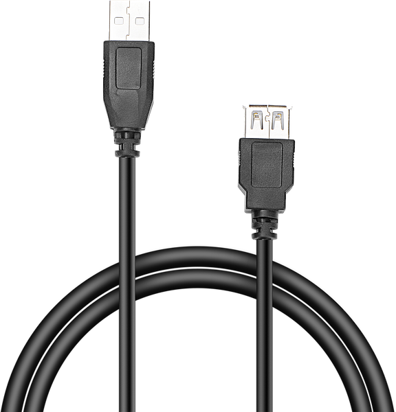 Schwarzes USB Verlängerungskabel mit USB-A Stecker und USB-A Buchse zur Verbindung von Geräten