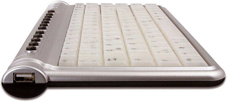 Seitliche Ansicht einer flachen USB-Tastatur mit weißen Tasten und mehreren Funktionstasten auf der linken Seite