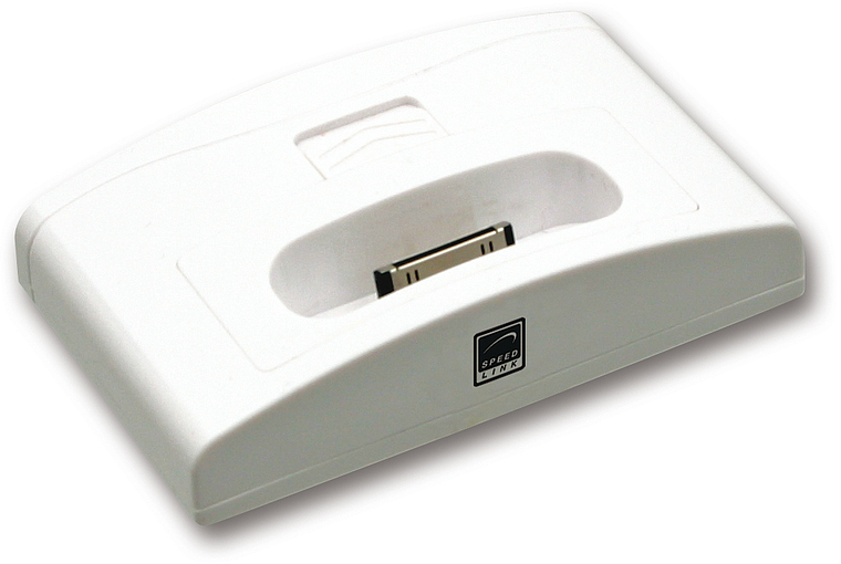Weiße Speedlink Dockingstation mit 30-Pin-Anschluss zum Laden und Synchronisieren von Apple iPod-Geräten