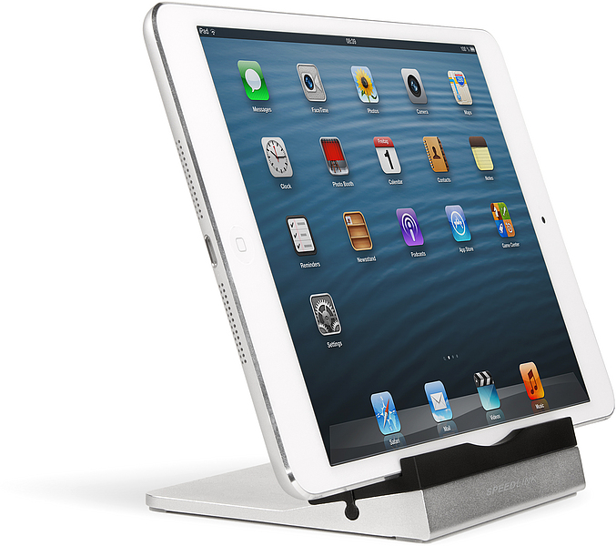 Tablet mit weißem Rahmen, aktiviertem Display und verschiedenen Apps, auf einem stabilen Tablet-Ständer aus Metall platziert