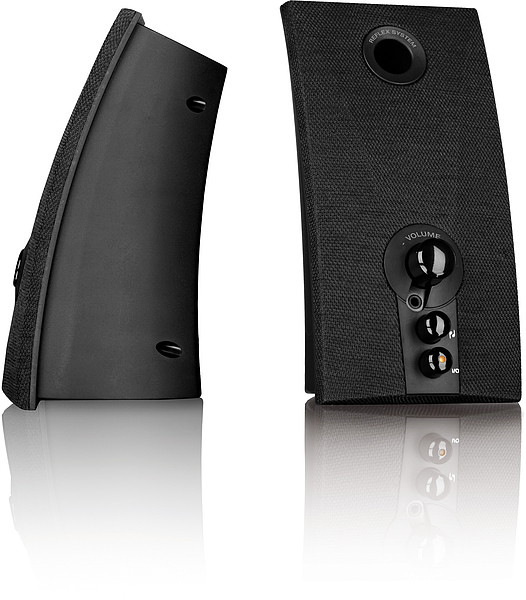 Zwei moderne schwarze PC-Lautsprecher, einer mit sichtbaren Bedientasten und Lautsprecherregler, auf weißem Hintergrund
