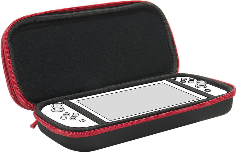 Schwarze Schutzhülle mit rotem Reißverschluss für tragbare Spielekonsole, geöffnet und mit Konsole im Inneren