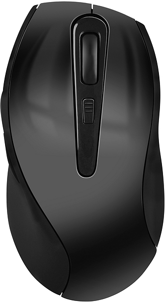 Schwarze, kabellose Computermaus mit ergonomischer Form und zentralem Scrollrad, ideal für Büro oder Homeoffice