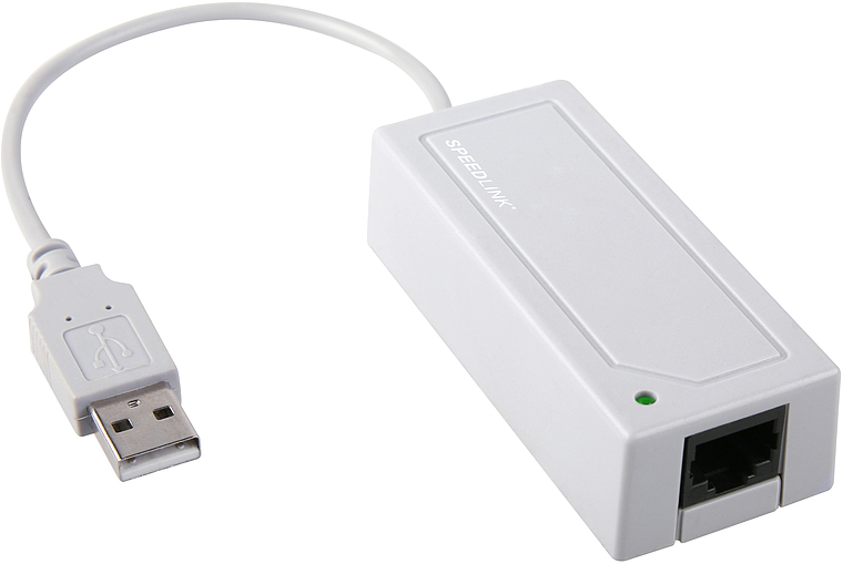 Weißer SPEEDLINK USB-zu-Ethernet Adapter mit USB-Stecker und Ethernet-Anschluss für Netzwerkkabel