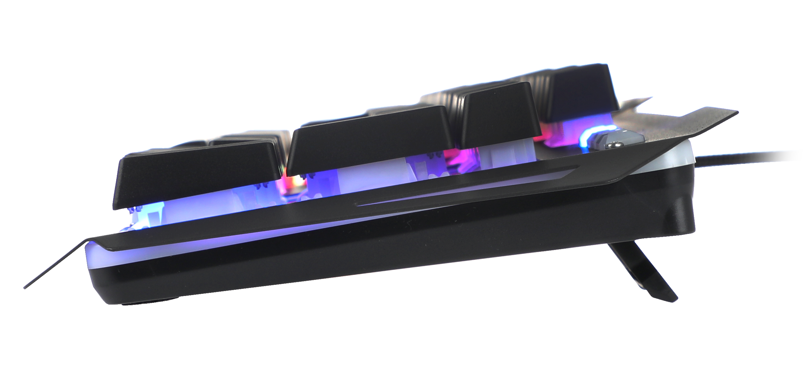 Seitenansicht einer mechanischen Gaming-Tastatur mit beleuchteten RGB-Tasten und schwarzem Gehäuse