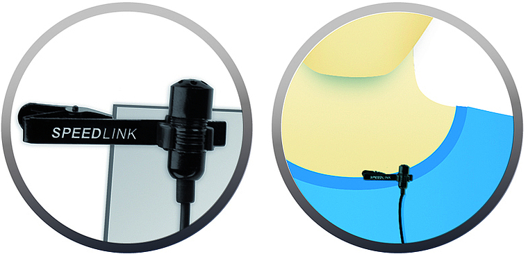 SPEEDLINK Ansteckmikrofon mit praktischem Clip, befestigt an einem Monitor und am Kragen einer Person