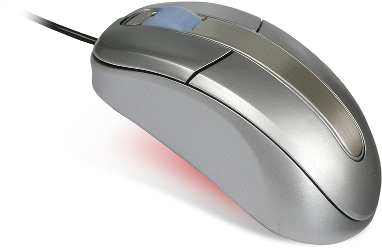 Silberne, kabelgebundene optische Computermaus mit ergonomischer Form und zwei Tasten