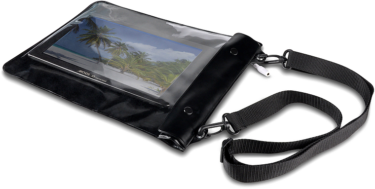 Schwarze wasserdichte Schutzhülle für Tablets mit transparentem Fenster und verstellbarem Schultergurt