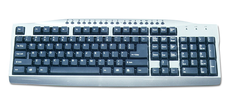 Abbildung einer klassischen kabelgebundenen PC-Tastatur mit Standard-Layout und zusätzlichen Funktionstasten