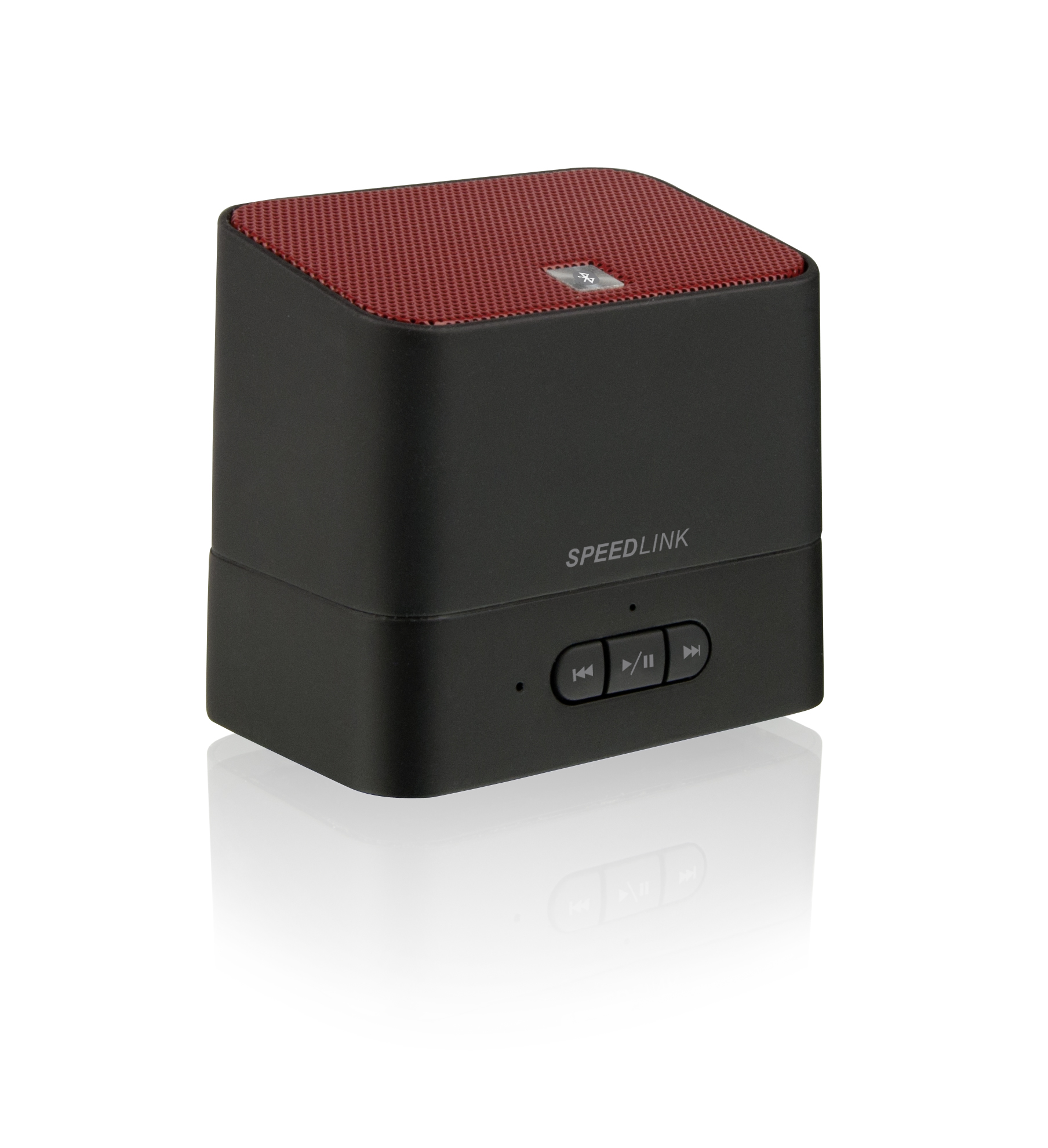 Kompakter SPEEDLINK Bluetooth Lautsprecher, schwarz mit rotem Lautsprechergitter und Steuertasten an der Vorderseite