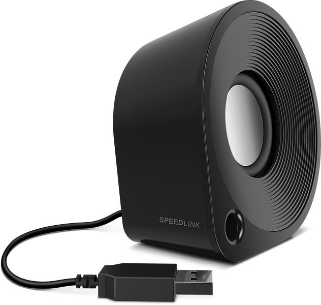 Kompakter schwarzer SPEEDLINK USB-Lautsprecher mit Anschlusskabel, geeignet für PC und Laptop