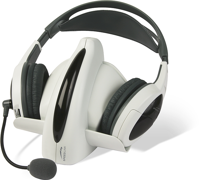 Weiß-schwarzes kabelloses Gaming-Headset mit Mikrofon auf Ladestation