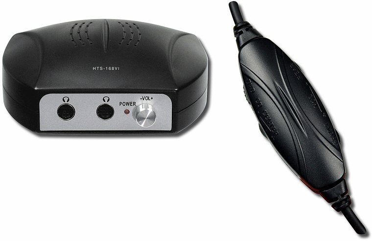 Schwarzer Kopfhörer-Verstärker HTS-168VI mit Frontpanel, zwei Klinkenanschlüssen und separatem Regler am Kabel