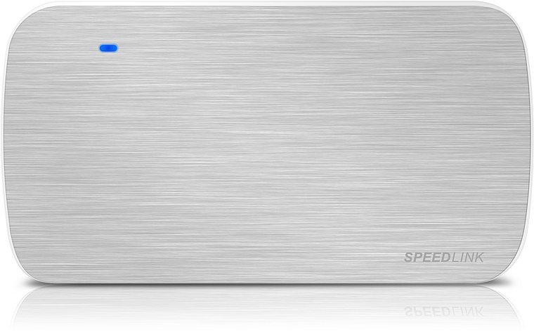 Externe Festplatte von SPEEDLINK in silbernem Gehäuse mit blauer LED-Anzeige