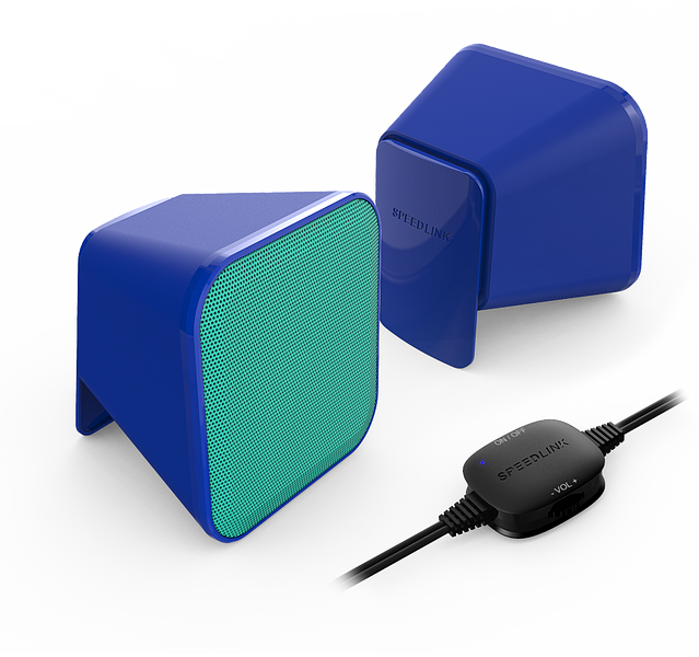 Zwei blaue Speedlink USB-Lautsprecher mit grüner Front und kabelgebundener Fernbedienung zur Lautstärkeregelung